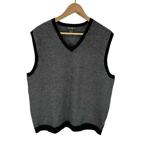 Eddie Bauer Merino Wool Sweater Vest Large Tall Houndstooth Print V Neck Preppy - Picture 1 of 10